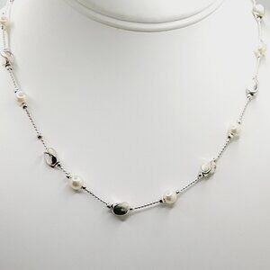 Silver Tone & Faux Pearl Choker Station Necklace Snake Chain 16"